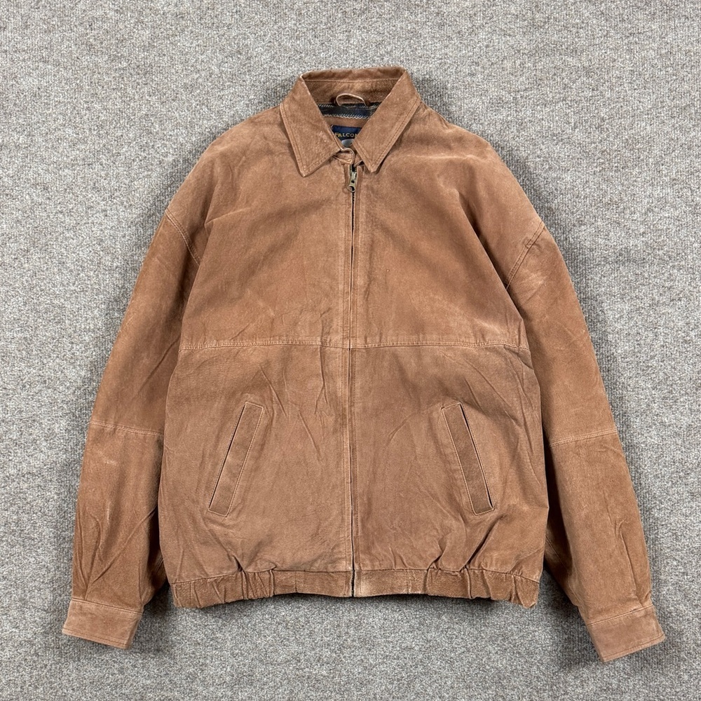 Falcon Bay Tan Brown Suede Leather Bomber Jacket Men’s XL Full Zip Plaid‎ Lined